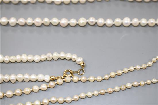 Seven assorted single strand cultured pearl necklaces, three with 925 clasps, two with 935 or 835 clasps and two others